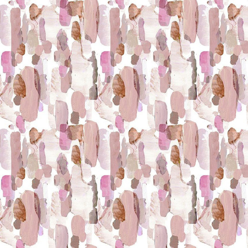 Close up of fabric with pink, cream, and red colored swatches on a white background