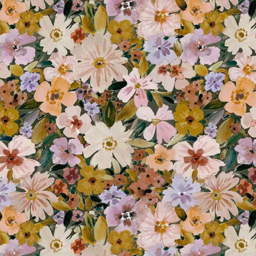 Close up of fabric with cream, light pink, orange, and yellow colored flowers