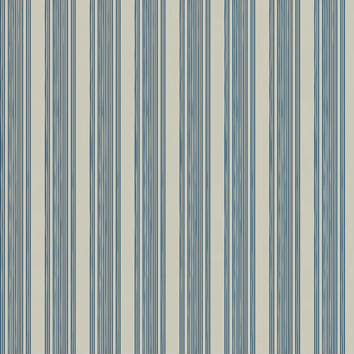 Close up of fabric with cream colored stripes on a muted blue background