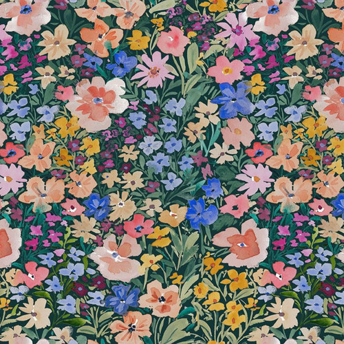 Close up  of fabric with green leaves and a variety of multi-colored flowers on a dark green background
