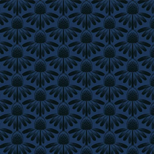 Close up of fabric with dark navy coneflowers on a lighter navy background
