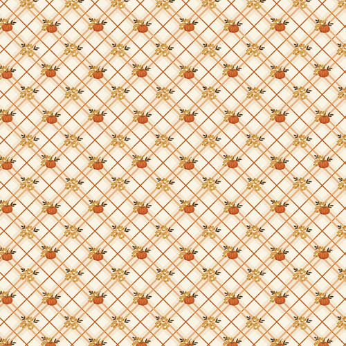 Close up of fabric with orange pumpkins and a yellow plaid pattern on a cream background