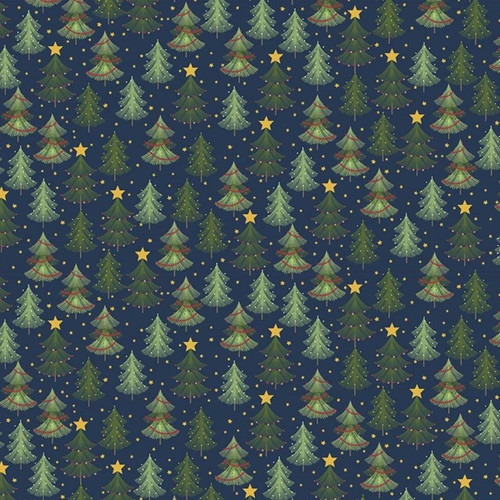 Close up of fabric with a variety of Christmas trees on a dark blue background