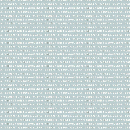 Close up of fabric with white text that says "What A Wonderful World!" with the Earth symbol.