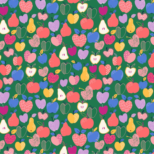 Close up of fabric with pears and apples on a dark green background