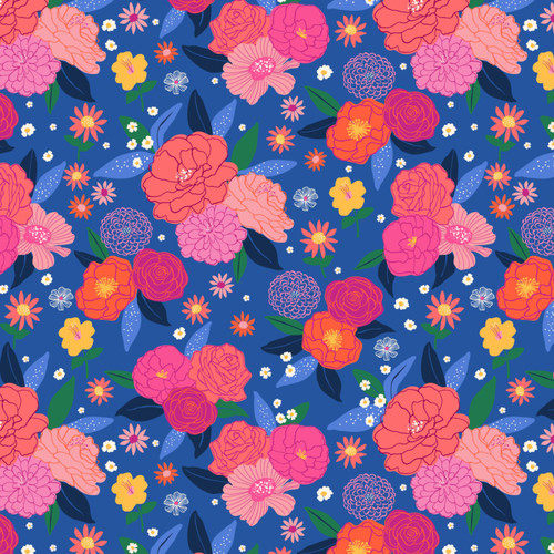 Close up of fabric with vibrant pink, orange, and yellow flowers on a dark blue background