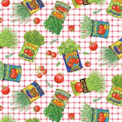 Close up of fabric with tomato cans on a gingham pattern