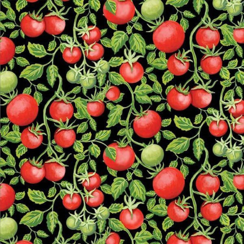 Close up of fabric with red tomatoes on vines on a black background
