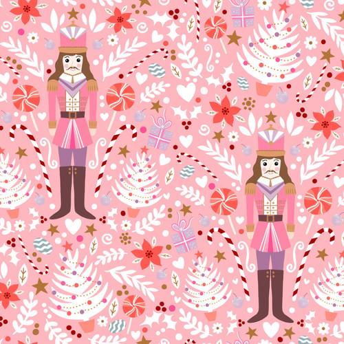 Close up of fabric with nutcrackers, flowers, and Christmas related items on a light pink background