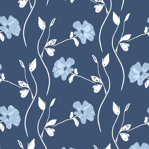 Close up of fabric with blue flowers with white stems and leaves on a dark blue background