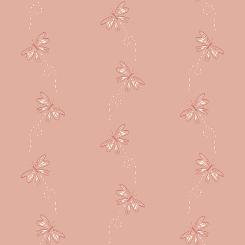 Close up of fabric with pink butterflies on a pink background