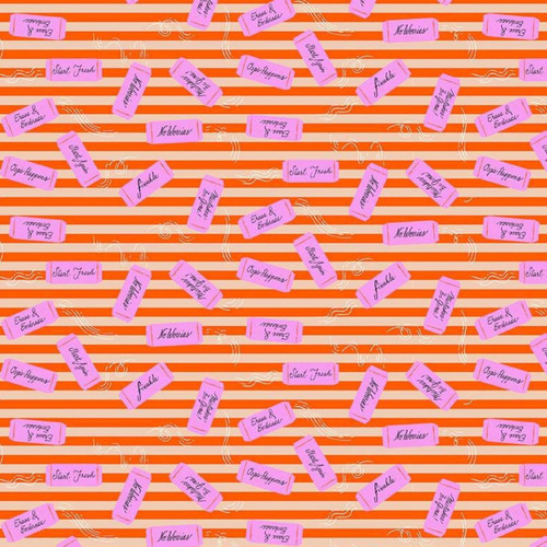 Close up of fabric with pink erasers on an orange and yellow striped bakcground
