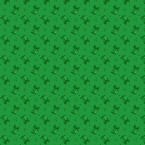 Close up of fabric with green holiday bells on a green background with green polka dots
