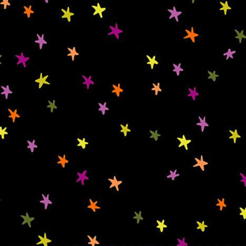 Close up of fabric with purple, green, and orange stars on a black background