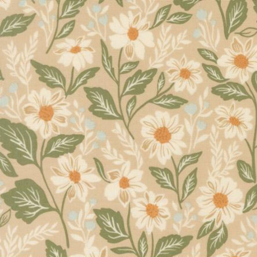Close up of fabric with scattered daisies on a cream colored background
