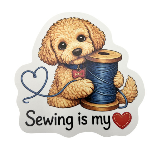 "Sewing is my heart" sticker with puppy and thread