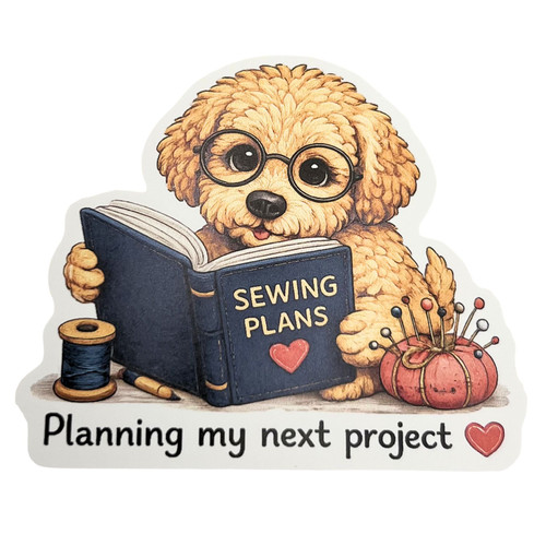"Planning My Next Project" sticker with a puppy, pins, and thread