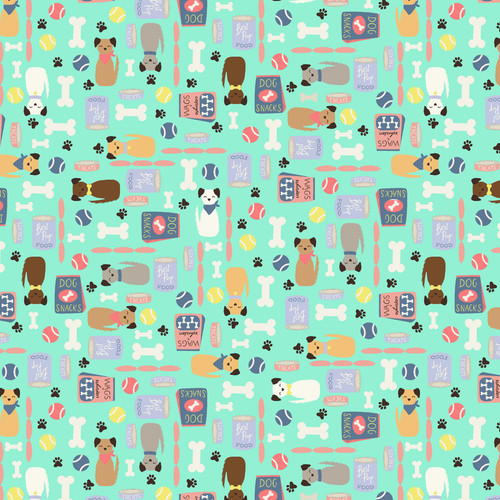 Close up of fabric with dogs, dog bones, paw prints, and treats on a seafoam green colored background