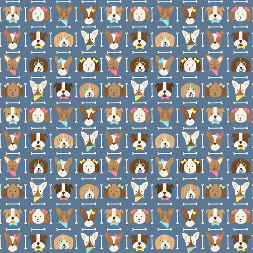Close up of fabric with various dog portraits on a blue-gray colored background