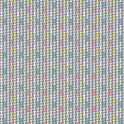 Close up of fabric with a variety of coral, green, yellow, and gray colored dog bones on a dark gray background