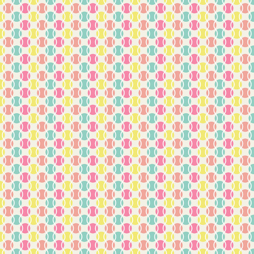 Close up of fabric with a variety of coral, pink, yellow, and blue colored tennis balls on a cream colored background