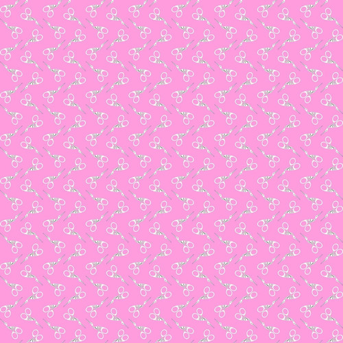 Close up of fabric with various scissors in an organized pattern on a pink background