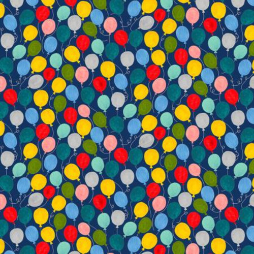 A close up of fabric with a variety of colorful balloons on a navy background
