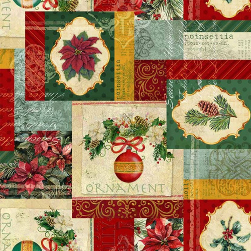 Close up of fabric with various holiday patches with holiday ornaments, pine cones, and poinsettias