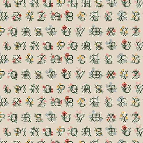 Close up of fabric with the alphabet letters arranged in order with flowers on them on a cream colored background