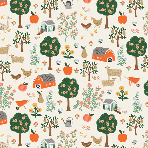 Close up of fabric with trees, fruits, farm animals, barns, and flowers on a cream colored background