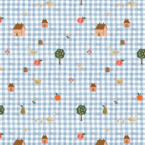 Close up of blue gingham fabric with trees, fruits, farm animals, houses, and flowers