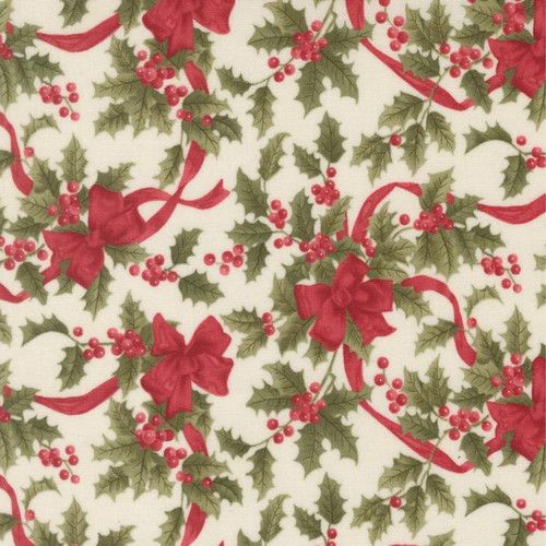 Close up of fabric with red bows, red holly berries, and green leaves on a cream colored background