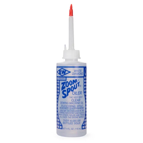 Close up of Zoom-Spout clear sewing machine oil in a 118mL bottle for sewing machines