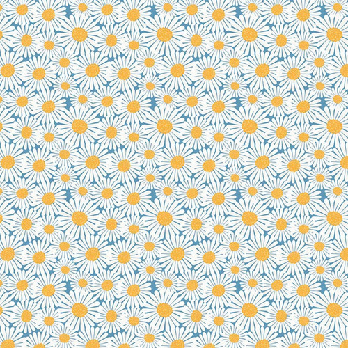 Close up of fabric with various dandelions in white on a blue background