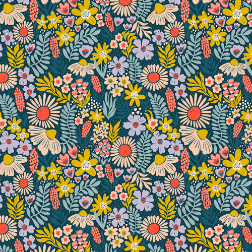 Close up of fabric with various types of flowers and leaves in coral, light blue, yellow, purple, and light pink on a navy blue background