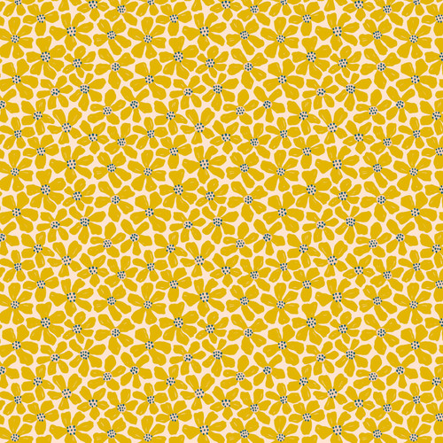 Close up of fabric with mustard yellow daisy flowers on a cream colored background