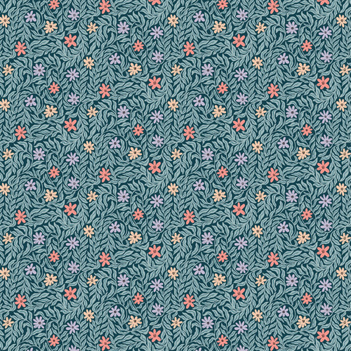 Close up of fabric with pink, periwinkle, and light orange flowers and teal leaves on a navy blue background