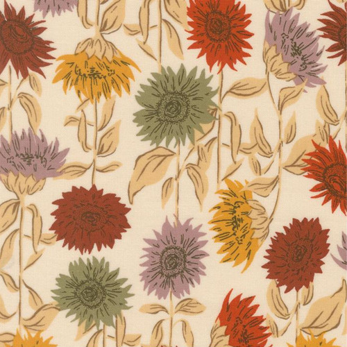Close up of fabric with red, green, yellow, and purple sunflowers with cream colored stems on an eggshell colored background