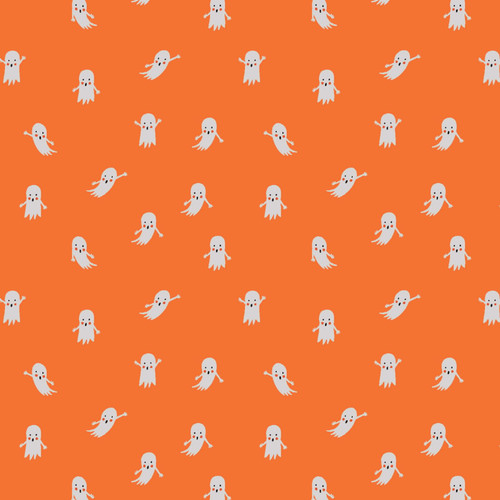 Close up of fabric with tiny whimsical ghosts on a bright orange background