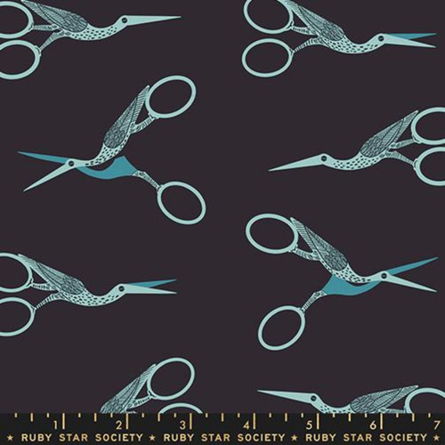 7inch by 7inch of fabric with stork scissors in blue on a black background