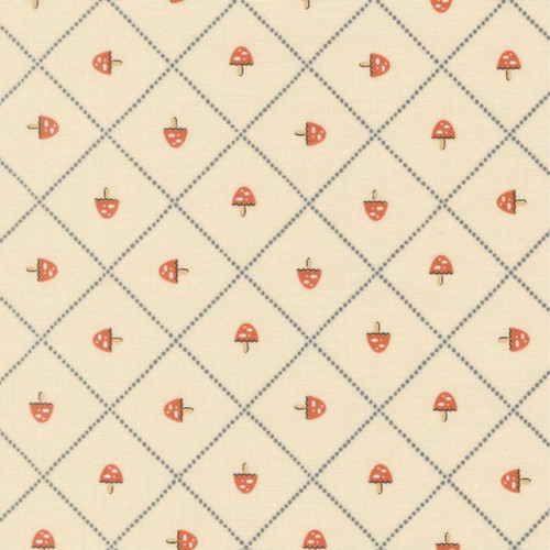 Close up of fabric with tiny red mushrooms and black grid lines on a beige background