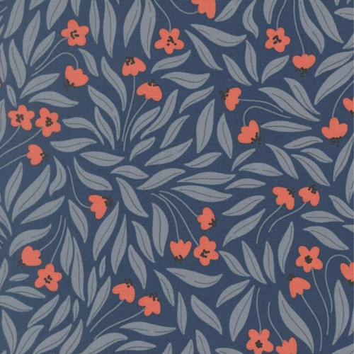 Close up of fabric with red colored flowers and gray leaves on a navy background
