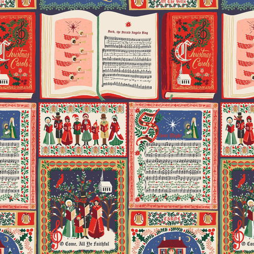 Close up of fabric with books, carols, and carolers