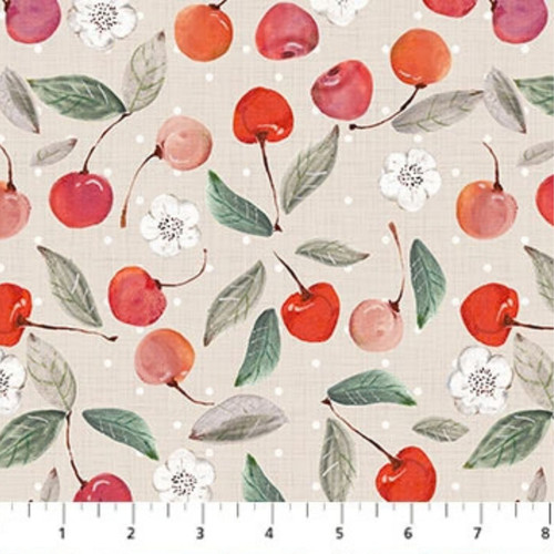 Close up of fabric with red cherries, green leaves, white flowers on a taupe colored background
