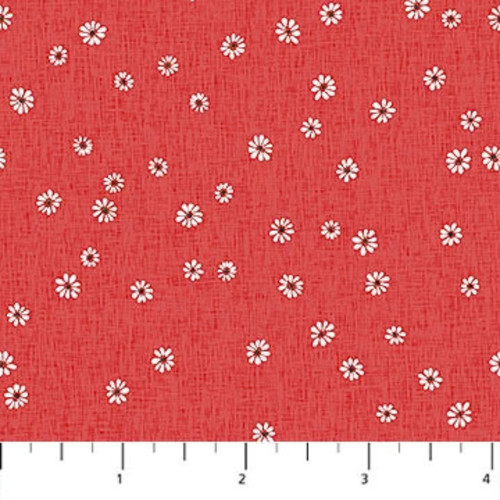 4inch by 4inch of fabric with tossed tiny white flowers on a vibrant red backround