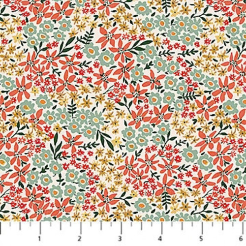 6inch by 6inch of fabric with a variety of florals in red, yellow, and teal, with dark green leaves