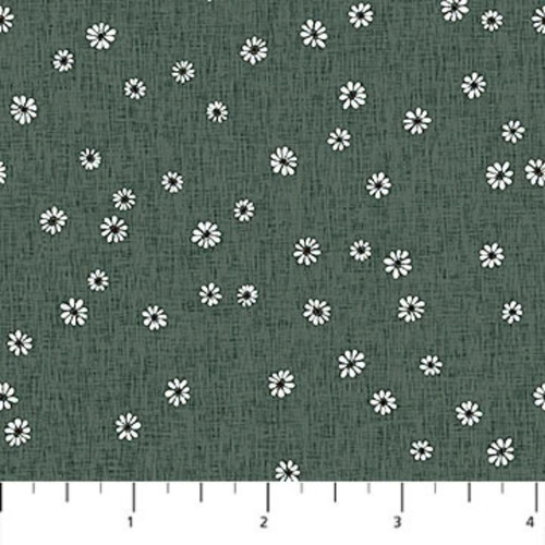 4inch by 4inch of fabric with tossed tiny white flowers on a dark green background