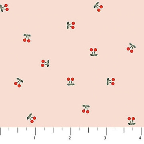 4inch by 4inch of fabric with tiny cherries on a light pink background