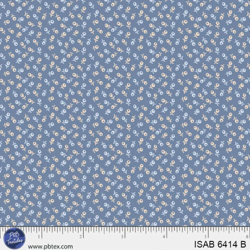 6inch by 6inch of fabric with tiny flower buds in light blue and cream on a dark blue background