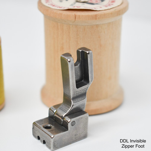 Metal hinged invisible zipper foot for Juki industrial high shank machines.